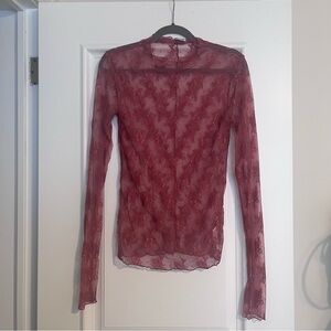 Free People Sheer Lace Long Sleeve Top - Burgundy